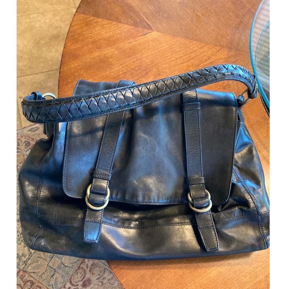 Cole Haan Brayton Black Leather Handbag Braided Handle Buckle Satchel Purse
